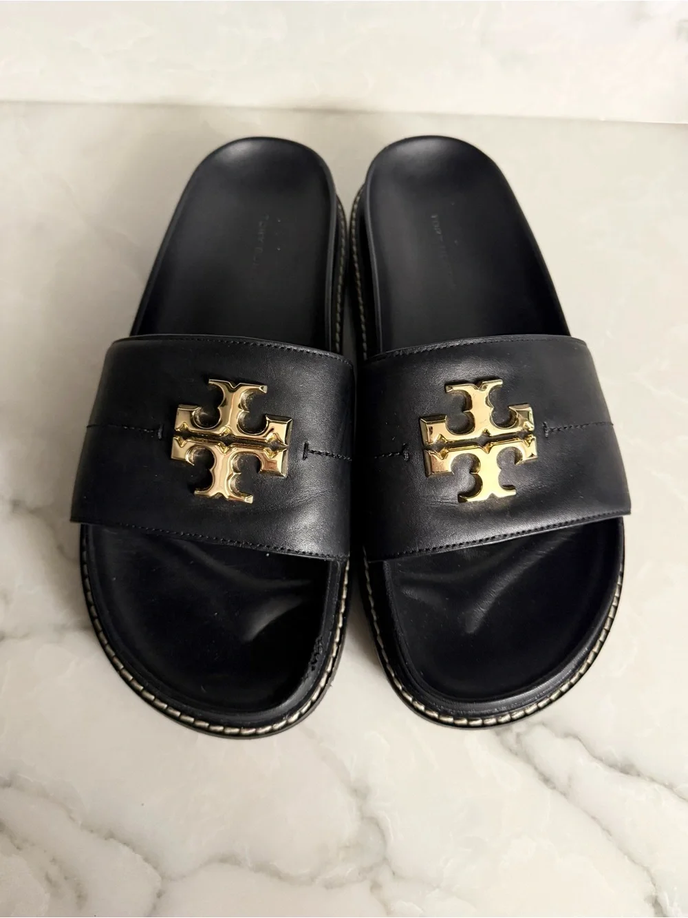 Tory Burch Black and Gold Sandal Slides